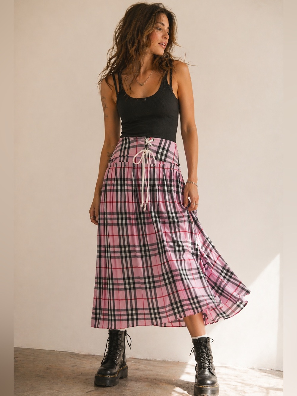 Silvian Heach Pink Plaid Midi Skirt Runway 2019 Drawstring Waist Small